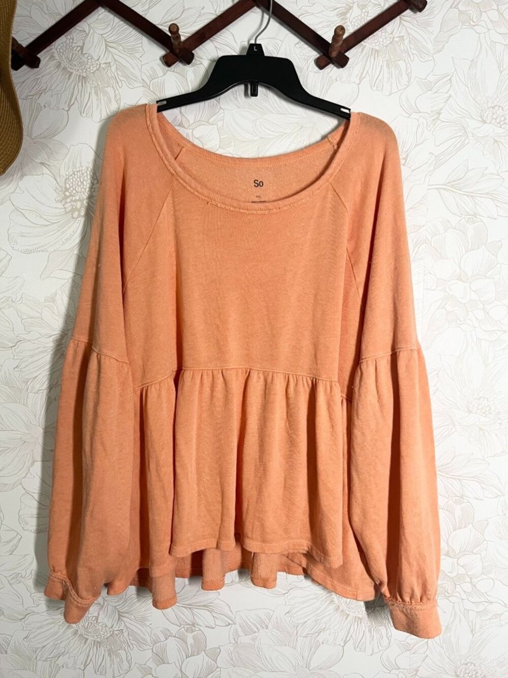So Womens XXL Peach Long-Sleeve Peplum Top Sustainable Cotton Unique Wash Design